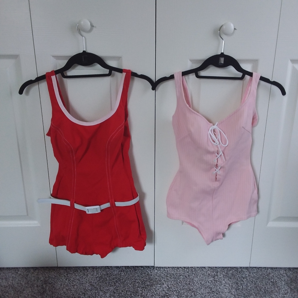 2 red and pink vintage 60s bathing swim suits small